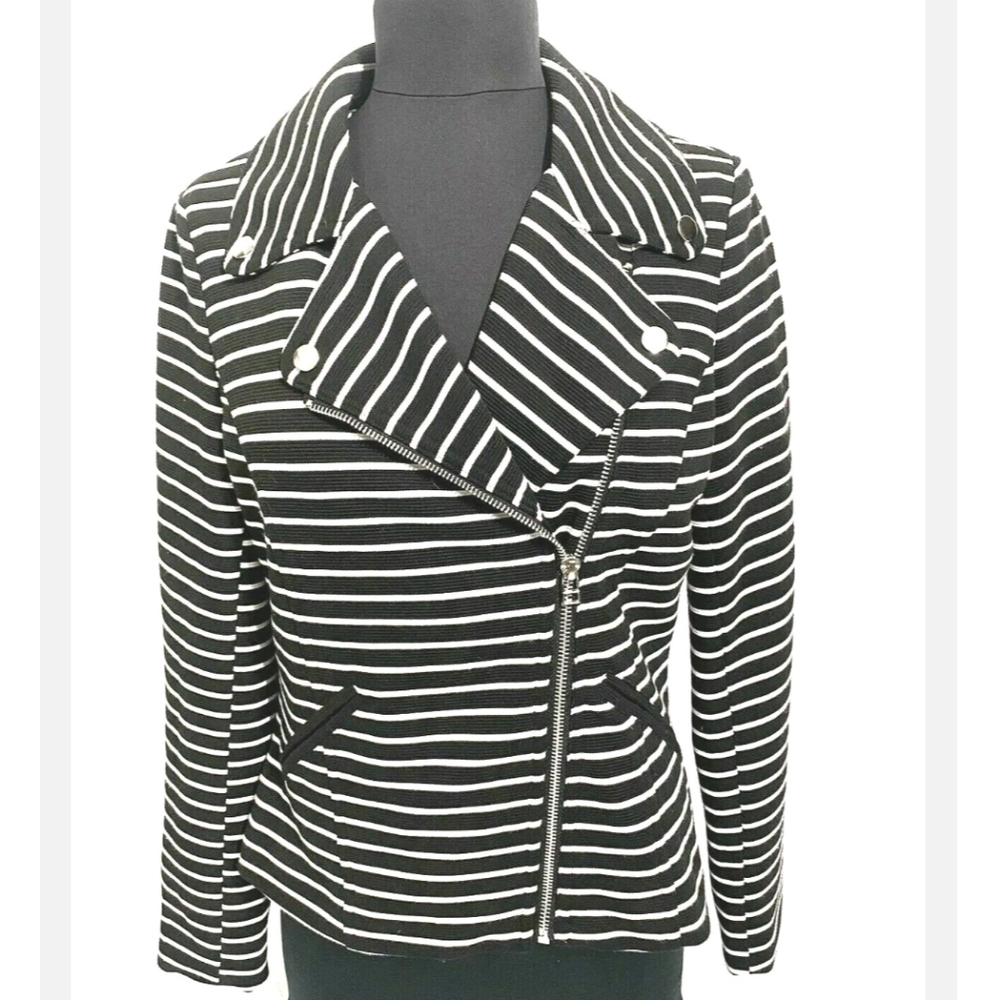 Bagatelle Asymmetrical Zip Moto Blazer Jacket Women's Large Black & White Stripe